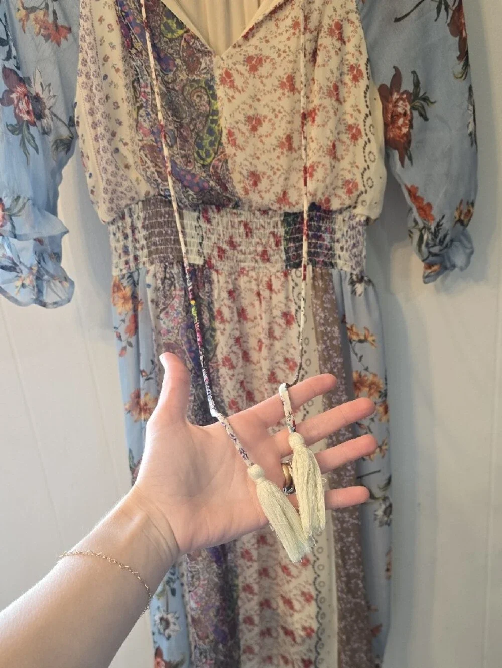 Boho Floral Patchwork Midi Dress in Light Blue